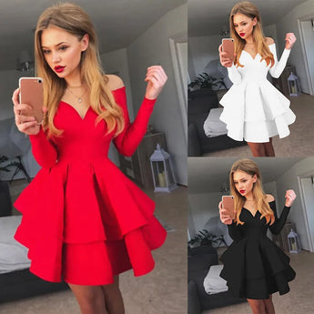 BKLD Autumn Clothes 2024 Solid Color Long Sleeve Sexy Clubwear V-Neck Off The Shoulder Evening Party Dress Red Dresses For Woman