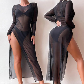 BKLD 2024 Beach Cover Ups For Women Sexy Round Neck Vacation Outfits Mesh Dress Black Perspective Long Sleeve Bodycon Dress