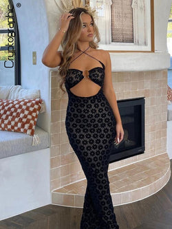 Cryptographic Elegant Floral Halter Cut Out Maxi Dress for Women Summer Sexy Backless See Through Club Party Gown Long Dresses