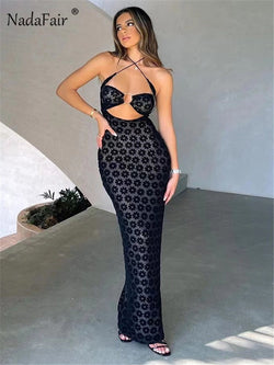 Nadafair Floral Transparent Sexy Bodycon Maxi for Dress Black Women Strapless Summer Beach Cut Out Halter Club Dress